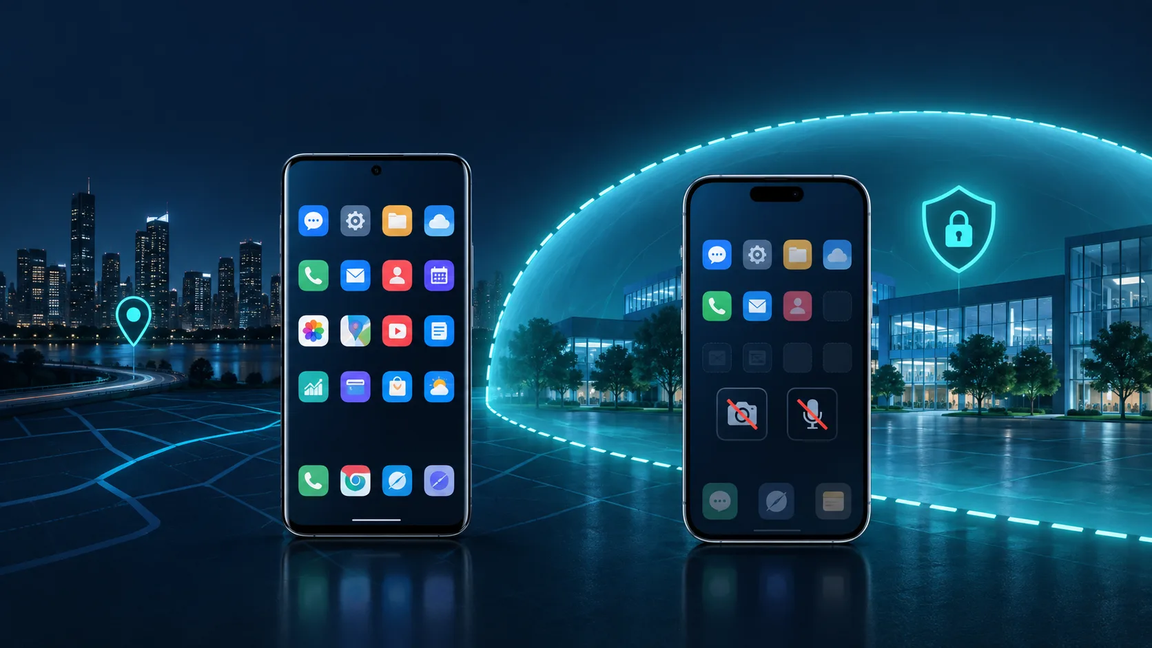 Niwaban concept illustration comparing a phone outside a protected zone with restricted apps and features inside it